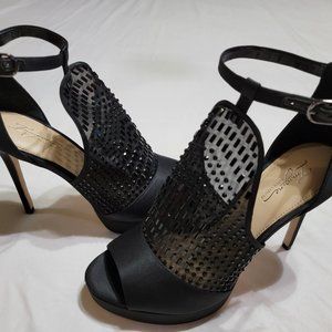 Vince Camuto, size 9.5 black satin, crystal embellished dressy heels
